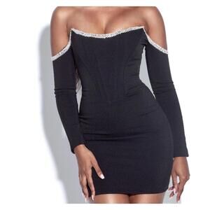 MISS CIRCLE black crystal Annika off the shoulder corset mini dress sz S